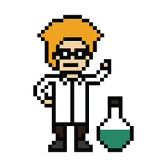 Fototapeta premium Cartoon cute pixel 8bit character man doctor or scientist game care for decoration pharmacist male doctor uniform in hospital 8 bit male pixel art png vector.