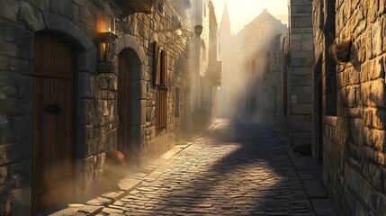 Naklejka premium A narrow street in an old town, golden light shining through the buildings, cobblestone pavement, rustic architecture