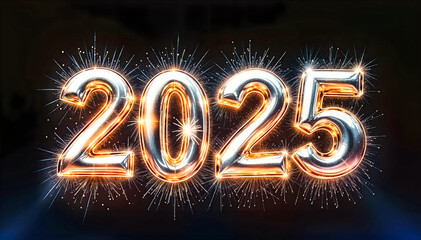 2025 Happy New Year silver chrome effect 3d on a dark background - holiday card.