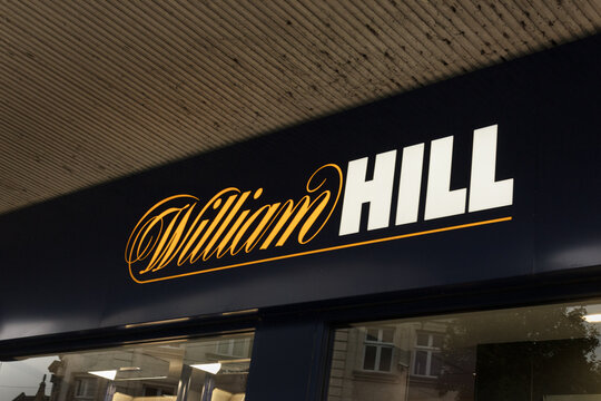  sign and logo of bookmaker William Hill  who have an extensive chain of betting shops offering gamblers the opportunity to wager on sports and other events