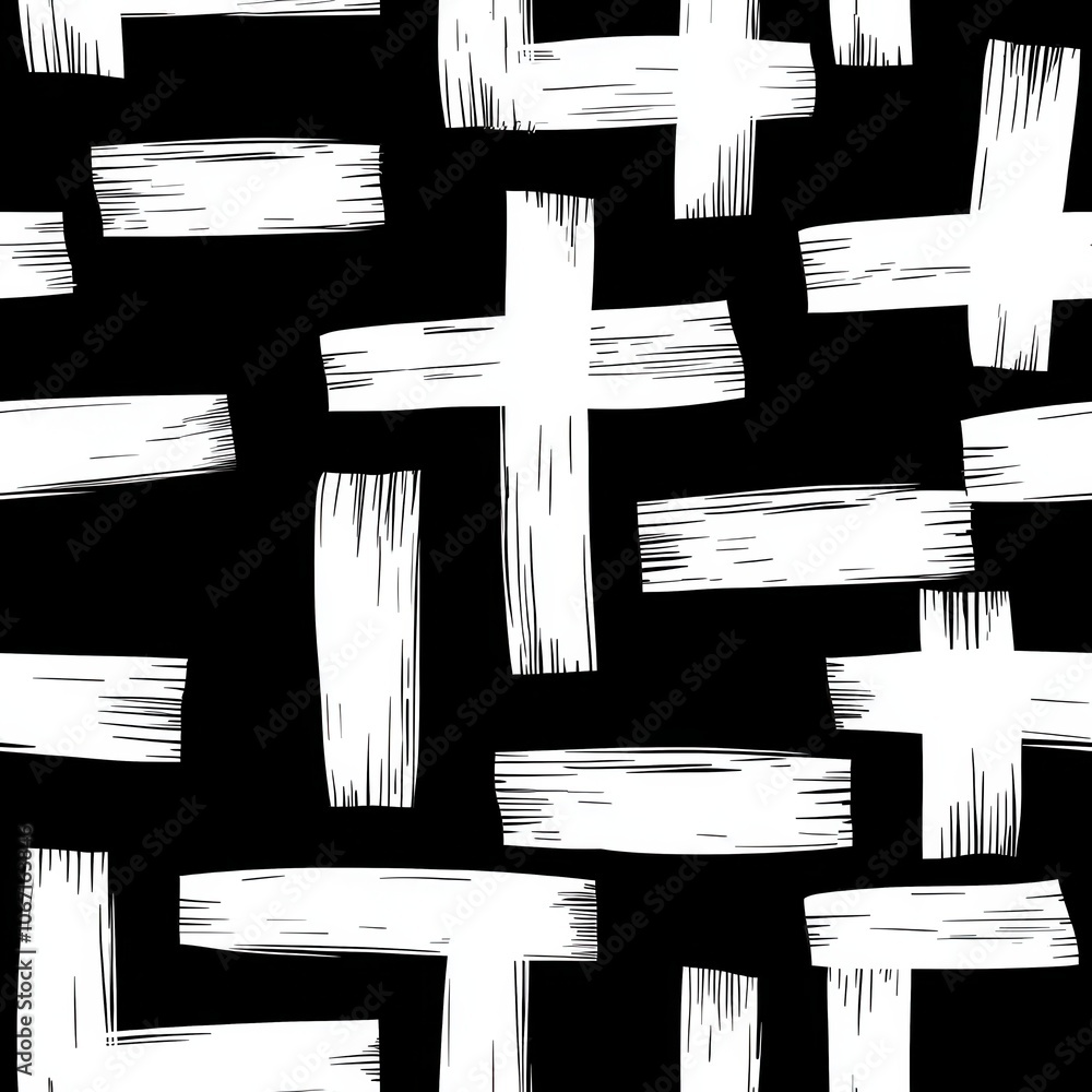 Poster abstract design featuring white brushstroke crosses on a black background, creating a bold and strik