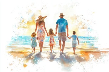 A joyful family walking hand in hand along a beach, enjoying a beautiful sunset in a colorful watercolor illustration.