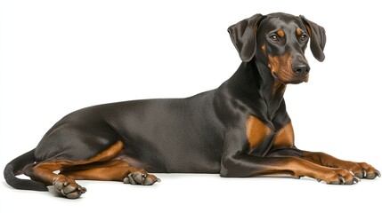 Doberman Pinscher with a composed expression on a white background, showcasing an often-avoided breed calm side.