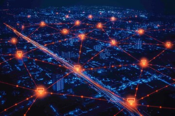A vibrant cityscape visualized as a network of interconnected points and pathways, representing data flow and communication.