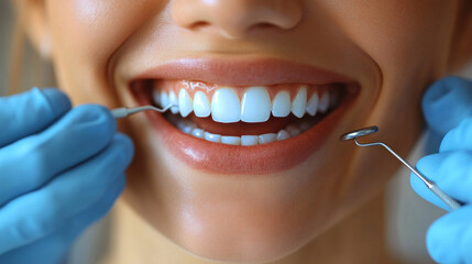 Fototapeta premium Hygienist assisting a dentist with tools, organized and precise dental setup