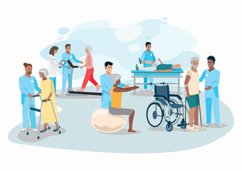 Happy elderly patients undergoing orthopedic rehabilitation with a physiotherapist. Rehabilitation of elderly people. Health recovery after illnesses and injuries. Flat vector illustrations.