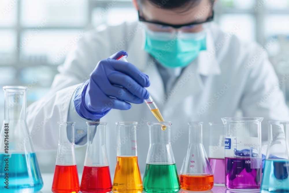 Poster scientist in a lab coat using a pipette to add liquid to colorful chemical solutions in a laboratory