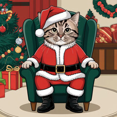 Adorable Santa Cat with Christmas Tree and Gifts in the Background