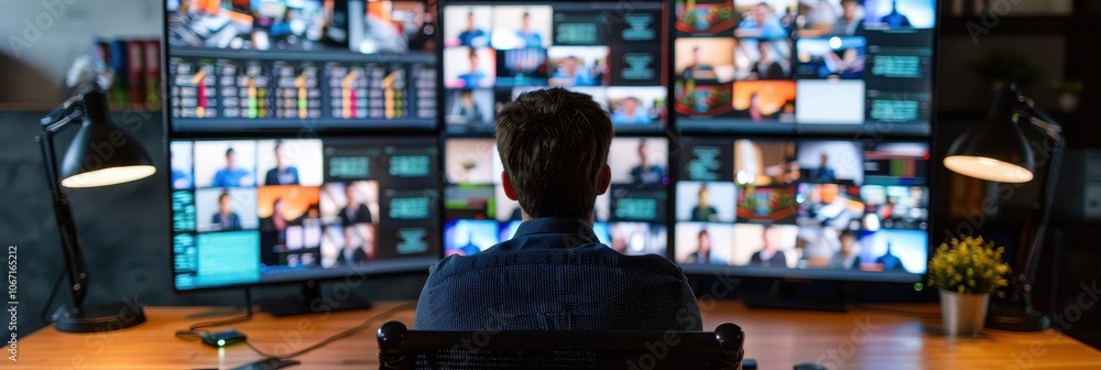 Poster person monitoring multiple screens in a high-tech control room