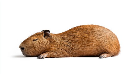 Fototapeta premium A peaceful capybara lying down, showcasing its soft fur and calm demeanor against a clean, white background.