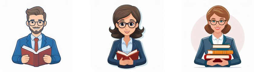 Three people are depicted with glasses, a blue suit jacket, and a white collared shirt, reading or holding books.