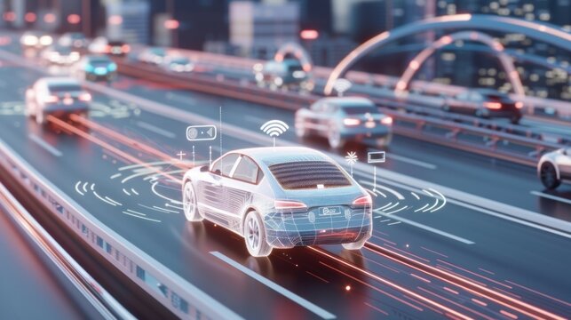 Futuristic autonomous car with holographic interface on smart highway