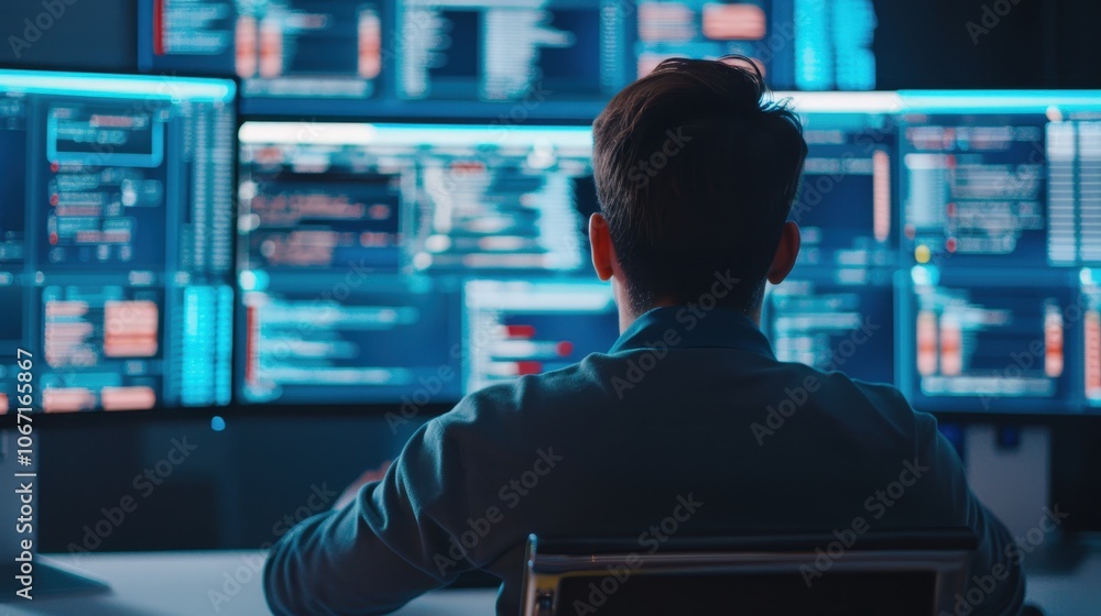 Poster cybersecurity specialist analyzing code on multiple monitors in dark office