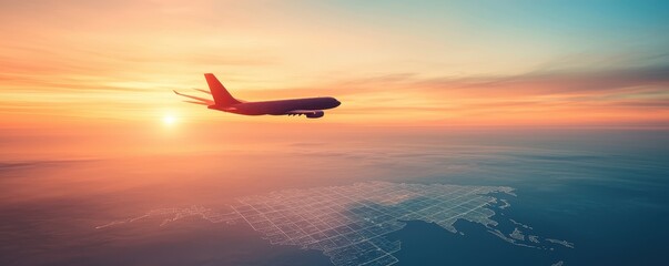 Airplane flying above the horizon world map during sunset, aerial view, showcasing vibrant colors and tranquility.
