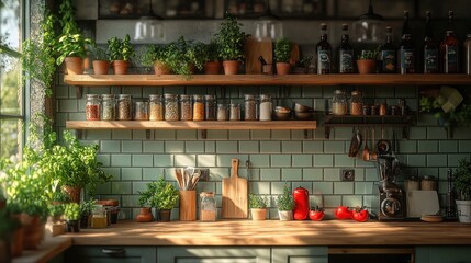 A well-stocked kitchen countertop with green tiles, wooden shelves, and fresh herbs.