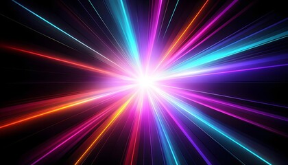 Obraz premium Vibrant abstract light burst, multicolor rays across dark, dynamic energy wallpaper
