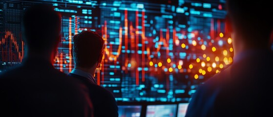 People analyzing digital data in a dark room.