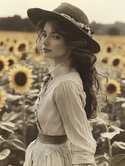 A woman in a sunflower field wearing a hat