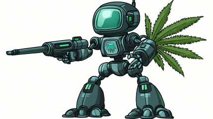 Fototapeta premium Cannabis character futuristic robot. cartoonish marijuana hemp leaf bud with blaster, isolated on white transparent background. good for stickers or t-shirt design. Futuristic. Illustration