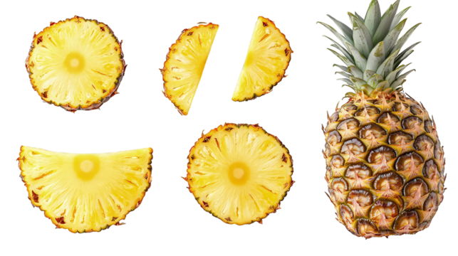 Collection of whole fresh pineapple and slices isolated on transparent background