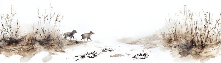 Obraz premium A serene landscape featuring two wolves walking through a misty scene, surrounded by soft grass and delicate brush.
