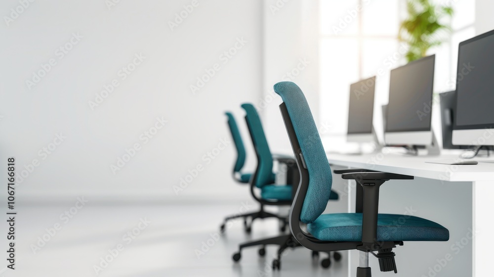 Aufkleber modern empty office space with row of computers and blue chairs