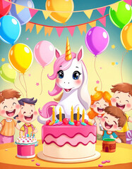 Magical unicorn birthday celebration with happy children and colorful balloons