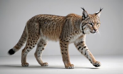 Obraz premium A majestic lynx prowls gracefully, showing off its spotted fur, tufted ears, and intense gaze. The lynx's sleek, muscular body and alert stance highlight its elegance and predatory nature