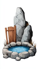 A serene water pool surrounded by stones and a wooden fence, perfect for outdoor scenery and relaxation themes.