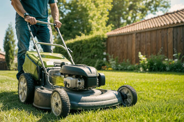 Fototapeta premium Man using lawn mower to cut grass in his beautiful home garden on a sunny summer day
