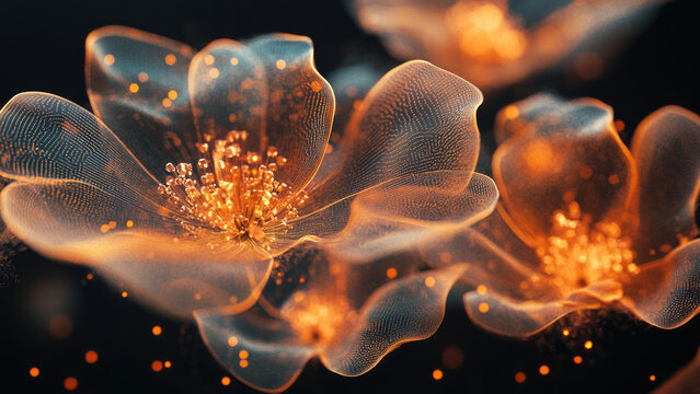 Abstract glowing orange flowers with intricate petal lines on a dark background - Powered by Adobe