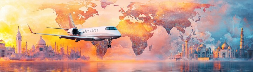 Fototapeta premium A modern airplane soaring above a colorful world map with landmarks, symbolizing travel and connectivity in a globalized environment.