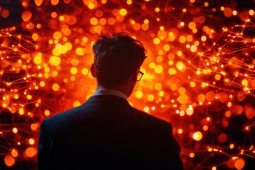 Businessman analyzes cybersecurity strategies in front of a network firewall concept