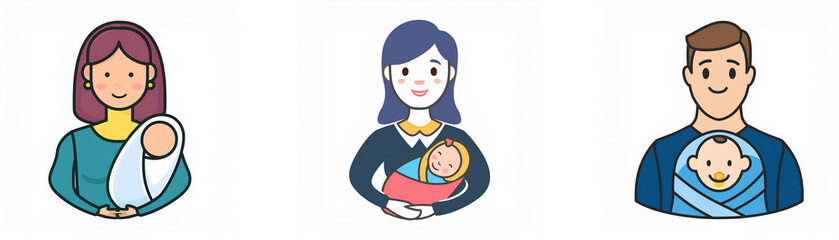 Three illustrations of adults holding babies in their arms.