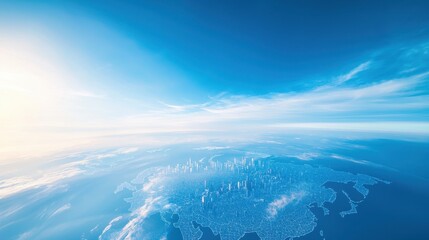 Fototapeta premium Aerial view airplane of a vibrant landmarks city skyline on world map surrounded by serene blue skies and ocean, creating a tranquil and expansive atmosphere.