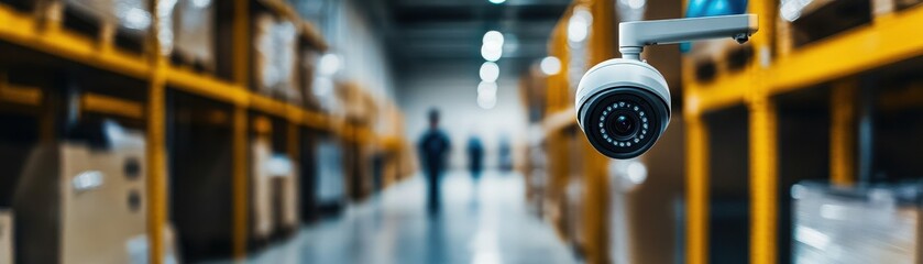 Security camera monitors a warehouse environment, ensuring safety and surveillance within storage areas filled with boxes and inventory.