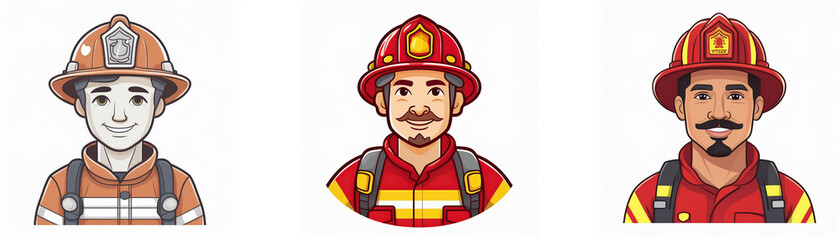 Fototapeta premium Three cartoon firefighters with different facial features and expressions wearing red helmets.