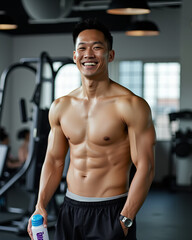 asian man is posing in the gym with a cheerful expression and carrying a bottle