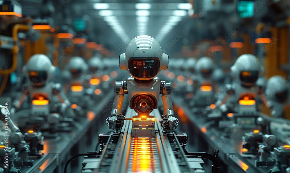 Poster a futuristic factory scene featuring robotic figures working on a production line, illuminated by gl