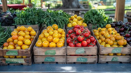 Farmers Market Freshness: Capture the vibrant colors and variety of produce at a farmers market, emphasizing freshness and local sourcing.