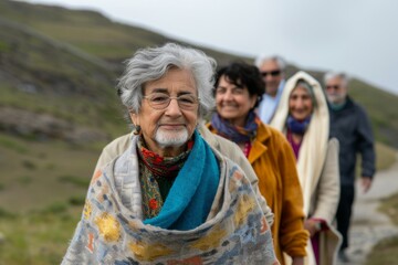 Happy senior woman with her family on the top of the mountain.