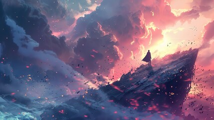 Fototapeta premium Silhouette of a Figure on a Mountaintop with Glowing Clouds - A Dreamlike Fantasy Artwork