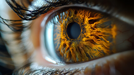 Close-up of a human eye with a glowing, circuit board-like iris, intricate digital patterns evoke a futuristic tech interface.