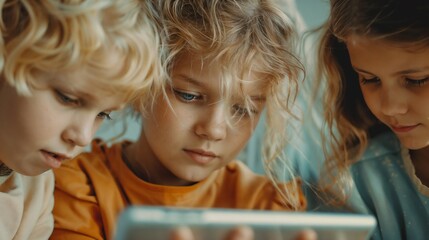 Close-up portrait of three children with blonde and brown hair intensely focused on a digital device, creating an intimate study of childhood concentration in warm tones