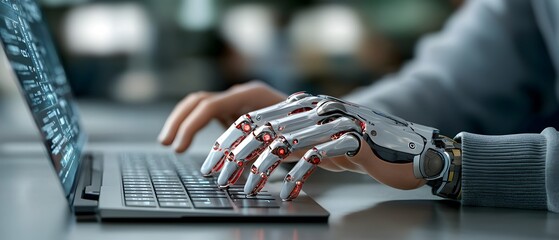 Robotic hand typing on a futuristic holographic keyboard representing the of intelligence and automation technology that is transforming complex human tasks and revolutionizing the modern workspace