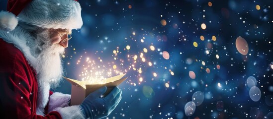 Santa Claus opens a gift box with bright lights. The dark blue background has sparkling lights that create a festive atmosphere for Christmas or other special occasions.