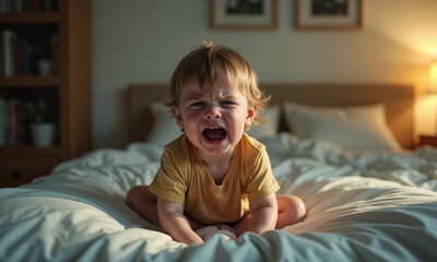 Fototapeta premium A young child sits on a bed, expressing frustration with a tearful cry. The soft lighting and cozy bedroom setting contrast with the child's emotional display, capturing a moment of raw emotion