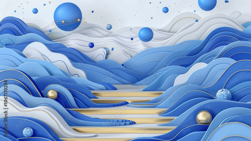Poster abstract blue and white waves with floating spheres..