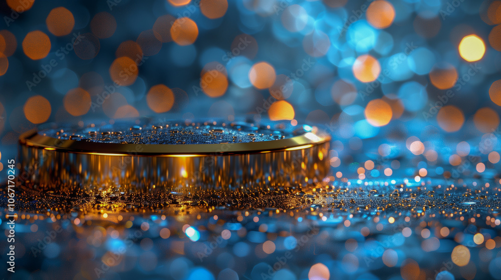 Poster golden platform with blue and orange bokeh light reflections..