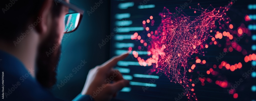 Poster businessman analyzes cyber threat analytics on large-scale data for enhanced security insights